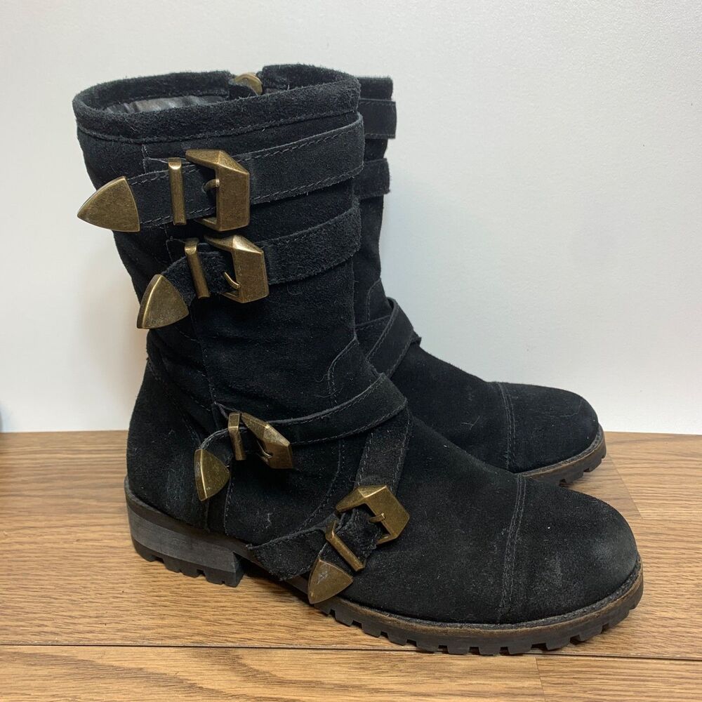 Shellys London Boots Womens 9 Black Leather Suede Biker Moto Boot Buckle Shoes